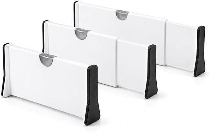 Adjustable Drawer Dividers – Expandable 14.7–21” Drawer Organizer with Non-Slip Ends, Easy Install for Kitchen, Dresser & Closet Storage (“White”)