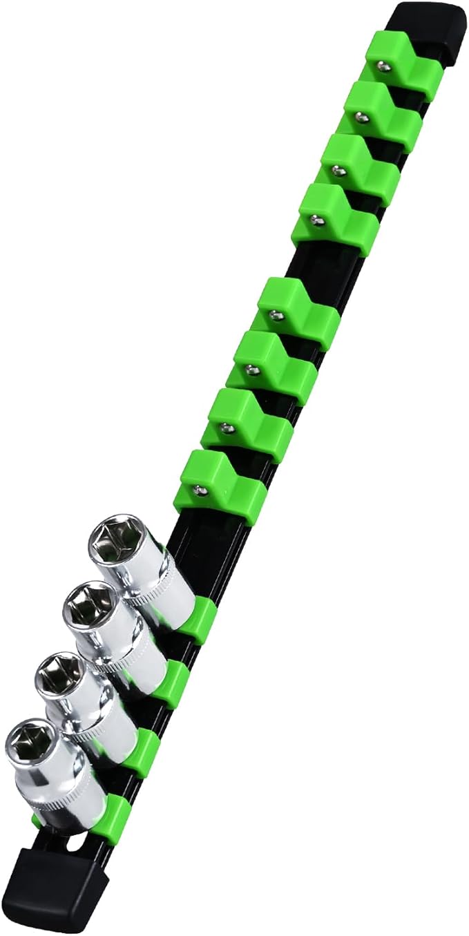 Heavy Duty Socket Holder Kit, ABS Socket Rail 1/2-Inch x 12 Clips Green