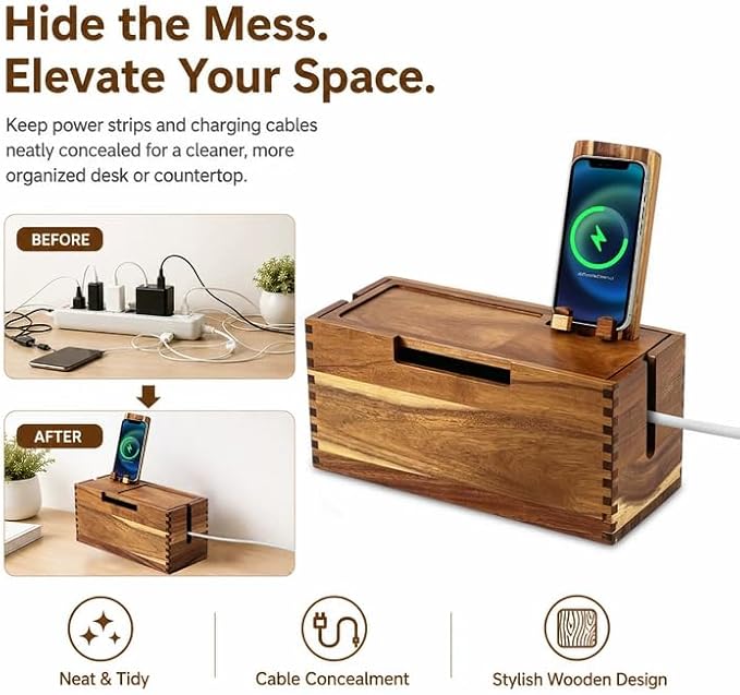 Wooden Cable Management Box with Detachable Phone Stand, Cord Organizer Box for Power Strip & Charger, Ventilated Wire Storage Box with Storage Tray for Desk, Nightstand & Home Office (Brown)