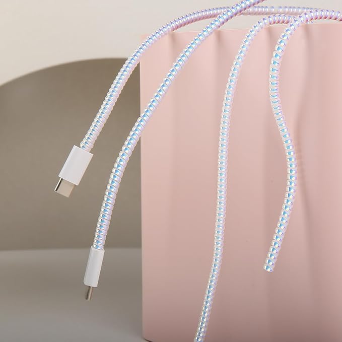 4pcs 1.6M(5.25FT) Spiral Cable Protector, Multicolor Suitable for Most Phone/Pad/Laptop USB Wire Cord Savers Protection Cover Anti-Break Wrap Charger Data Line Cables Sleeves, Laser White
