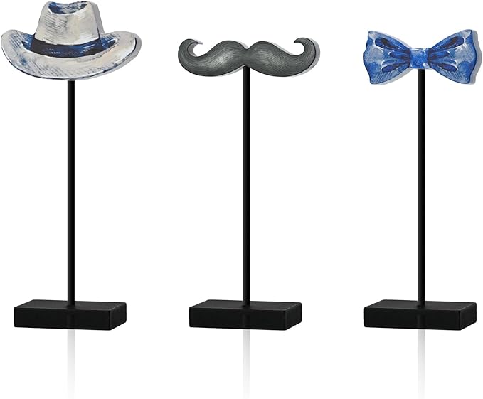 Smile Father's Day Wooden Table Decor Mustache, Bow Tie, Cowboy Hat Desktop Signs Tabletop Decorations for Home Office Shelf - Gift for Dad, Husband, Grandpa