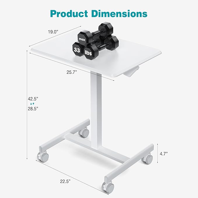 DUMOS Small Rolling Desk Mobile Standing Portable Laptop PC Table with Wheels Adjustable Height Computer Workstation for Home Office, Space Saving Desk for Bedroom Study Use, White