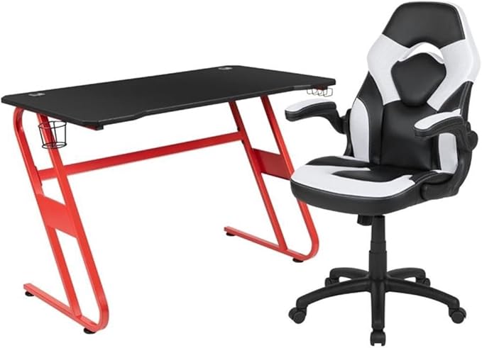 BOWERY HILL 2 Piece Gaming Desk Set, Z-Frame Design, Black Laminate Desk with Cable Management, Red and White Finish, Ergonomic Chair with Lumbar Support, Adjustable Arms, for Home or Office Use