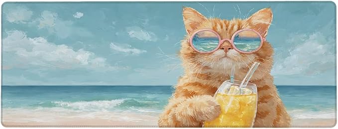 Cat Beach Funny Large Mouse Pad Non-Slip Rubber Long Gaming Desk Mat Big Computer Keyboard Mousepad Waterproof Protector Wristing Pad for Gaming Office Home Decorative 31.5 X 11.8 Inch