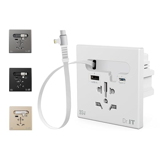 35W GaN Multi Plug Wall Outlet with Retractable Phone Charger for Bedside/Sofa, 4-in-1 Tamper-Resistant in-Wall Socket with Universal AC Port for New Renovations, UL Listed (Include 86-Type Box)