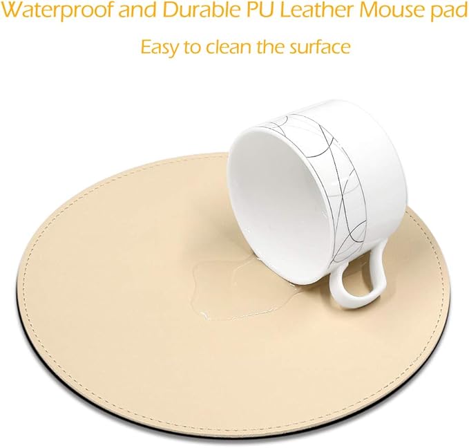 ProElife Cute Round Mouse Pad Mat Waterproof PU Leather 8.66-Inch Mousepad with Anti-Skid Base Stitched Edge for Home Office Gaming Computer Laptop Accessories (Apricot)