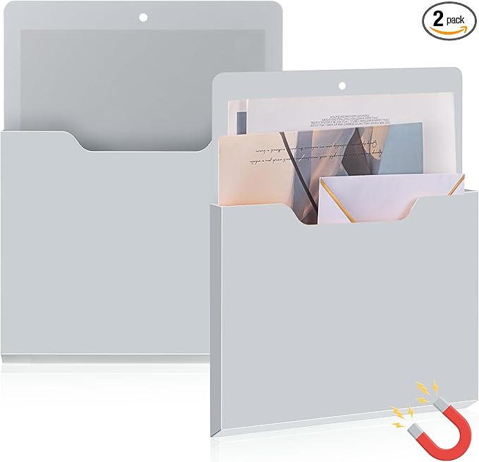 Feifeiya 2 Pcs Magnetic File Folder Wall Hanging Holder Large Pocket Paper Magazine Mail Organizer for Refrigerator Classroom Locker Whiteboard(Vertical,Grey,12.2 x 9.4 Inches)