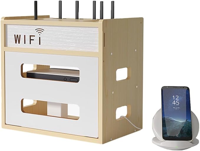 Wooden Router Shelf, Desktop WiFi Router Storage Box Modem Rack, Power Router Fences Standing Shelf Units, Cable Management Hider Box Organizer for Office and Home (White Maple)