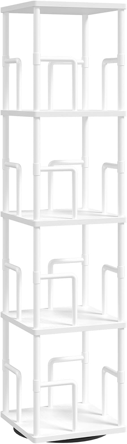 MAHANCRIS 5-Tier Rotating Bookshelf, Freestanding Corner Bookshelf, 360° Spinning Bookcase, Industrial Style Storage Rack with Rails, for Living Room, Bedroom, Study, White BKWT1601