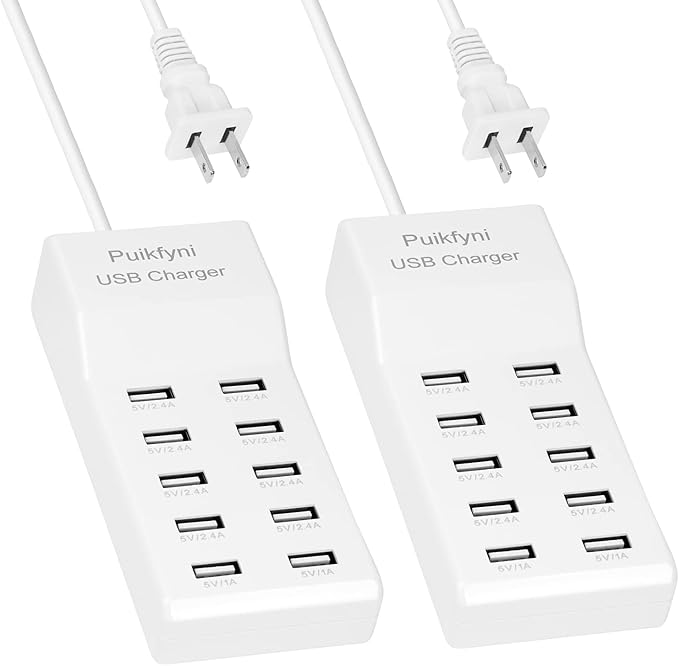 Puikfni 2 Pack 10- Ports USB Charger Station, Each with 10 Type-A Ports,USB Power Strip with Surge Protection，Smart for iPhone,Android,Tablet