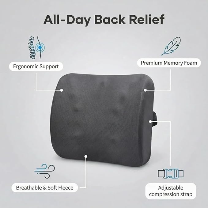 Poshetion Lumbar Support Pillow for Office Chair & Car – Memory Foam Back Cushion with Adjustable Straps & Breathable Mesh Cover（Deep Grey）