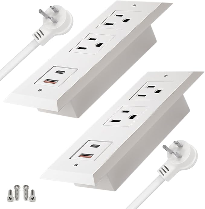 Recessed Power Strip - 2 Pack,20W USB C Fast Charging Station,18W QC3.0 USB-A,Flush Mount Desktop Power Strip with USB Ports,for Sofa Nightstand Counter,Flat Plug,6.5 ft Cord,White