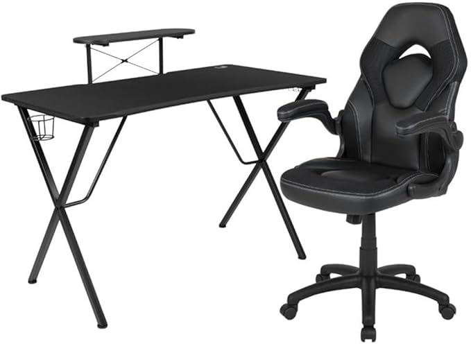 BOWERY HILL 2 Piece Gaming Desk Set with Monitor Stand, Black Laminate Finish, Ergonomic High Back Chair with Flip-Up Arms, Cable Management, Cup Holder, Contemporary Design for Home Office or Gaming