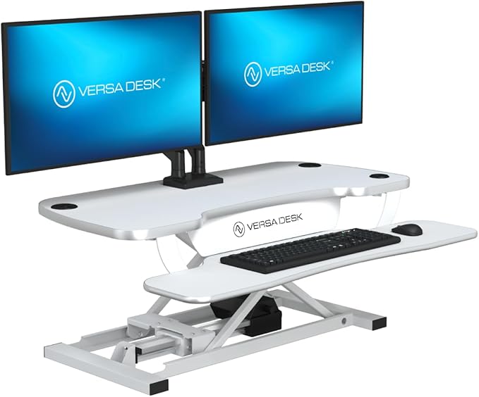 VERSADESK PowerPro 36 Inch Electric Standing Desk Converter – Push-Button Height Adjustable Sit to Stand Desk Riser for Dual Monitors & Laptop – Motorized Desktop Workstation with Wide Keyboard Tray