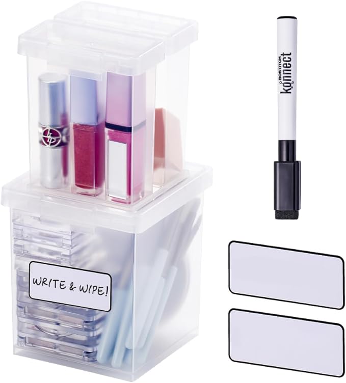 Bostitch Konnect Storage Containers with Lids, Clear Plastic Box, Stackable for Crafts, Home and Office Orginzation, Labels. 3 Piece (1 1.5 Qt Box, 2 0.5 Qt Boxes)