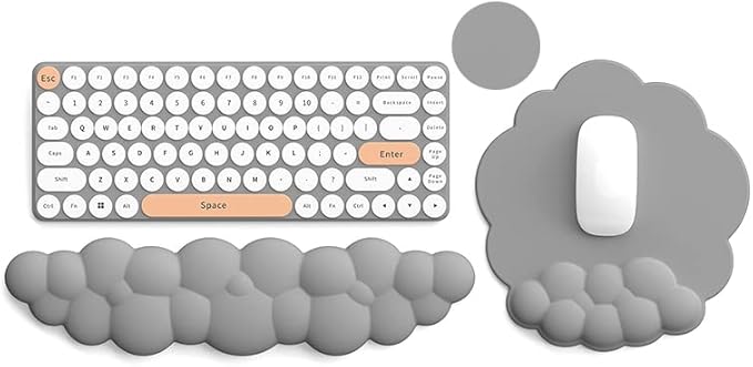 Cloud Keyboard Wrist Rest and Mouse Pad with Wrist Support Set, Ergonomic PU Leather Mouse Pads, Pain Relief Memory Foam Non-Slip Mousepad for Computer,Laptop,Grey