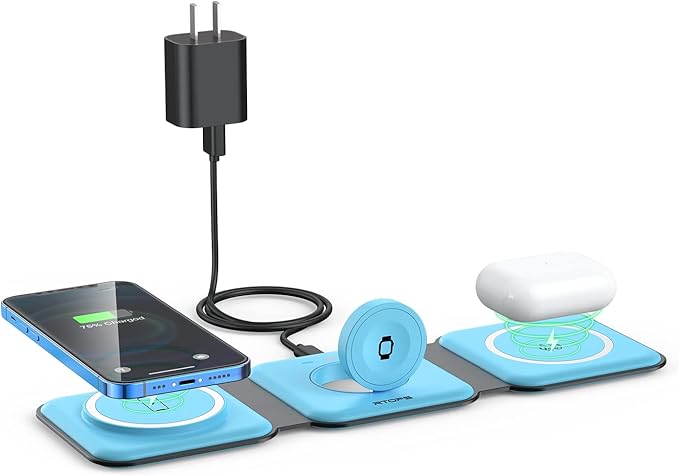 Wireless Charger 3 in 1,RTOPS Travel Charging Station Wireless Devices, Compatible for iPhone17/16/15/14/13/Pro/Max, iWatch, AirPods4/3/2/Pro (Adapter Includes), 3 in 1 Charging Station