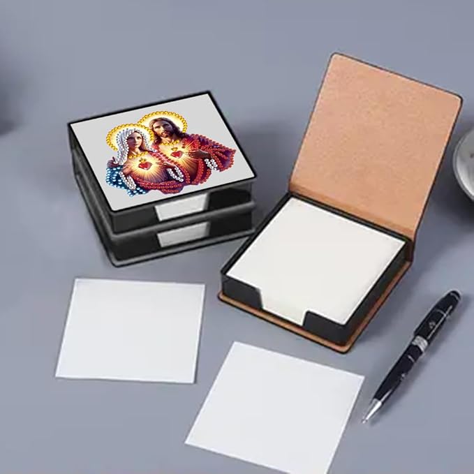 FRANDEK Jesus and Our Lady Creative Diamond Art Desk Organizer, DIY PU Note Box with 160 Sheets, All-in-One Gift Set for Craft Lovers, Elegant Mosaic Kits for Home & Office