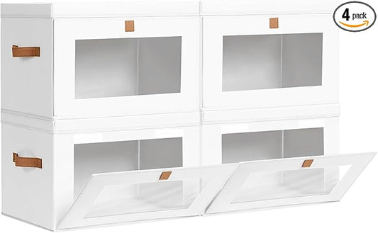 Homsorout Large Clothing Storage Bins - Collapsible Boxes with Handles & Window, Decorative Organizer Bins with Lids, Fabric Containers for Living Room, Dorm, 4 Pack, White