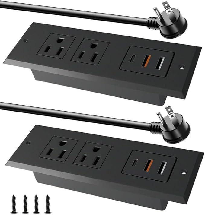 Recessed Power Strip - Set of 2,20W Fast Charging USB C Port and 18W USB-A Ports.Flush Mount Desk Outlet,Furniture Hidden Charging Station for End Table,Flat Plug,6.5 ft Extension Cord,Black
