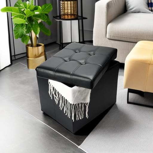 Bsketa Storage Ottoman, Folding Foot Stool with Thicker Foam Padded Seat Small Leather Storage Ottoman Bench Foot Rest for Living Room Foldable Coffee Table 17x13x13in,Black