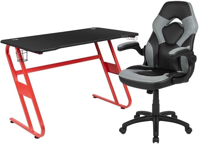 BOWERY HILL 2 Piece Z-Frame Gaming Desk Set, 51.5" W Desk with Black Laminate Top, Red Frame, Cup Holder, Headset Hook, Ergonomic Adjustable Chair, Gray Mesh Inserts, Contemporary Style for Gamers