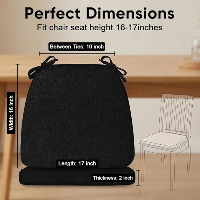 Chair Cushions Set of 2, D-Shaped Seat Cushion for Chair, Non Slip Chair Pads with Ties, 17" x 16" x 2", 40D Foam, Removable Washable Cover, Seat Cushions for Kitchen Chairs, Black