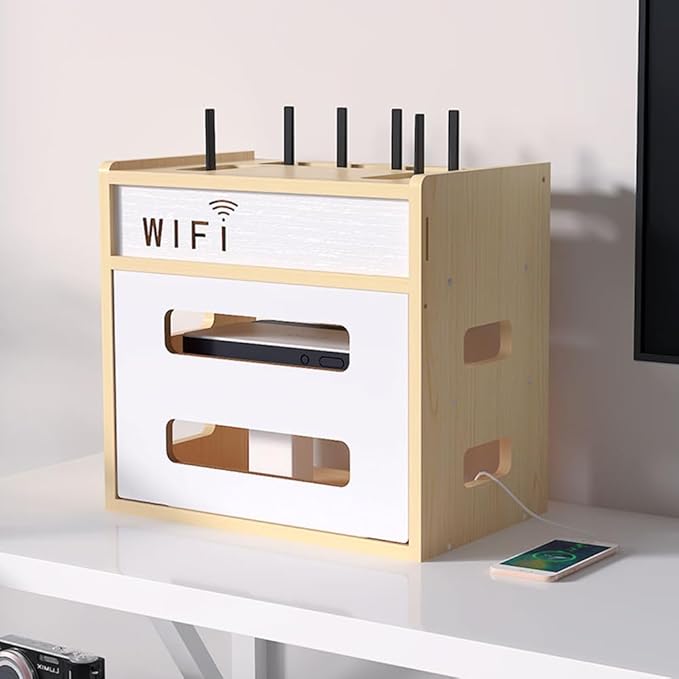 Wooden Router Shelf, Desktop WiFi Router Storage Box Modem Rack, Power Router Fences Standing Shelf Units, Cable Management Hider Box Organizer for Office and Home (White Maple)