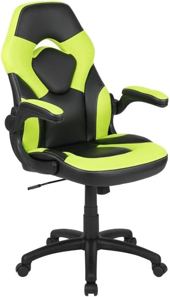 BOWERY HILL 2 Piece Gaming Desk Set, Z-Frame Red and Green Finish, Black Laminate Top, Includes Ergonomic High Back Chair with LeatherSoft Upholstery, Cable Management, Cup Holder, Dual Monitor