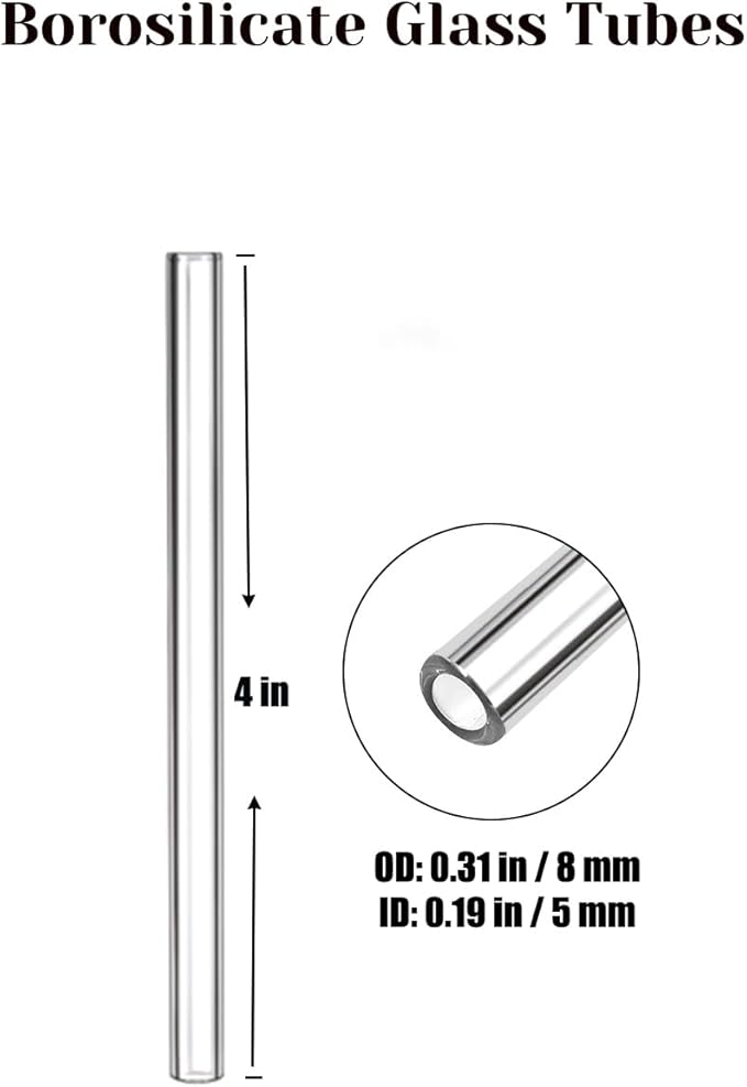 Premium Borosilicate Glass Tube 8mm OD 4 Inch Short Straws Clear Thick-Wall Borosilicate Glass Tubing for Chemistry, Art, DIY Projects - 8 Pack with 2 Brushes