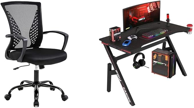 BestOffice Office Chair Mesh Computer Chair Lumbar Support Armrest Mid Back Task Chair and 47 Inch Gaming Desk Carbon Fiber Table Gamer Workstation Cup Holder