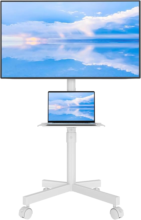 BONTEC Mobile TV Stand for 23-65 Inch TVs, Rolling TV Stand with Locking Wheels, Adjustable Height, Media Shelf, Outdoor TV Stand Max VESA 400x400mm, Holds Up to 88lbs, White