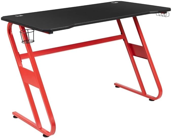 BOWERY HILL 2 Piece Gaming Desk Set, Black Laminate Top, Red Z-Frame, Includes Ergonomic High Back Chair with Flip-Up Arms, Cable Management, Cup Holder, and Headset Hook, Contemporary Style