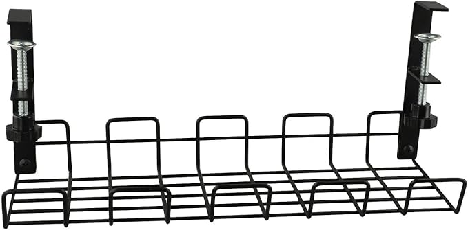 Under Desk Cable Management Tray Wire Organizer, 37 x 14.5 x 14.5 cm, Carbon Steel Mesh Rack with Clamp-On Design, No Drilling Required