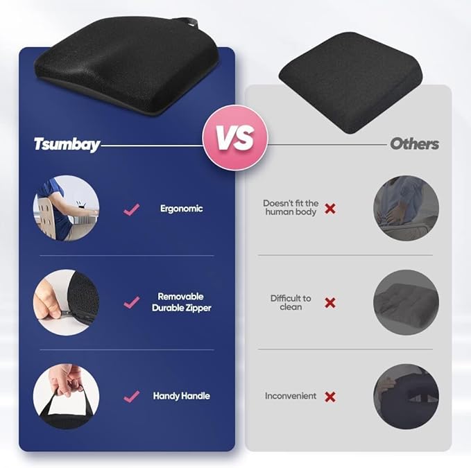 Tsumbay Memory Foam Seat Cushion - XL Size (16.9”x15”), Firm Support Coccyx Cushion for Office Chair, Tailbone Pain Relief with Removable Washable Cover & Handle for Car, Wheelchair