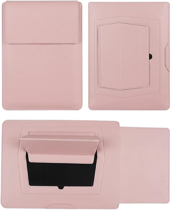 4-in-1 Laptop Sleeve with Stand and Mouse Pad, Faux Leather Protective Case with Accessory Pouch for 13.3-14 Inch Laptops, Pink