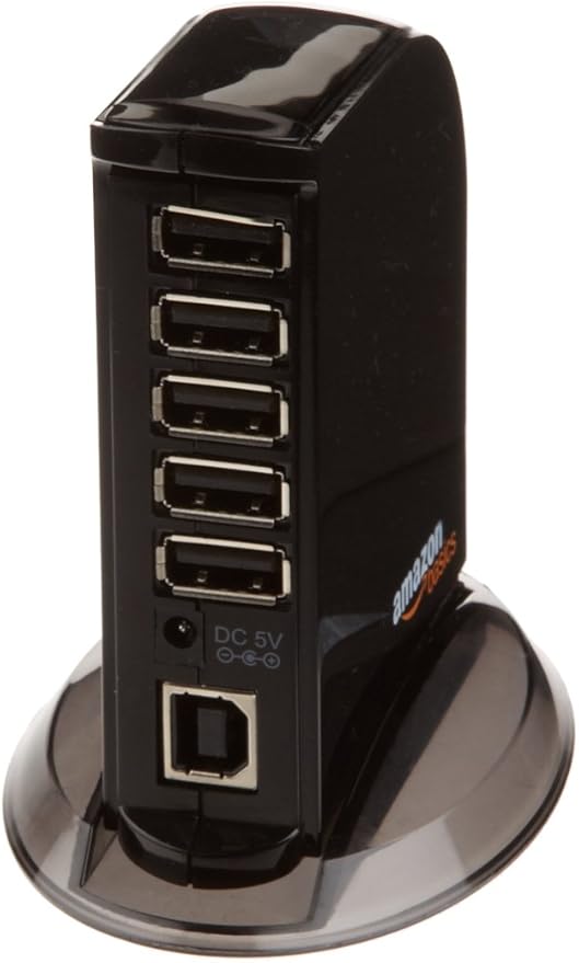 Amazon Basics 7-Port USB 2.0 Hub Tower for Laptop and PC, USB Splitter with 5V/4A Power Adapter, 2 Fast Charging Ports, Plug and Play, Black