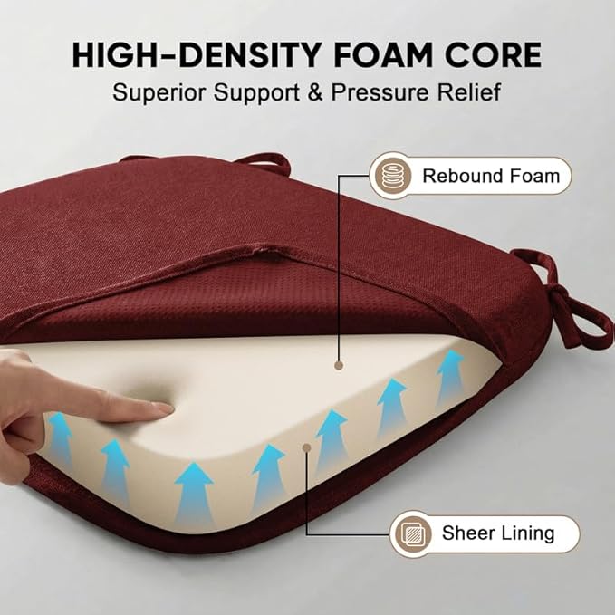 Chair Cushions Set of 1, D-Shaped Seat Cushion for Chair, Non Slip Chair Pads with Ties, 17" x 16" x 2", 40D Foam, Removable Washable Cover, Seat Cushions for Kitchen Chairs, Burgundy