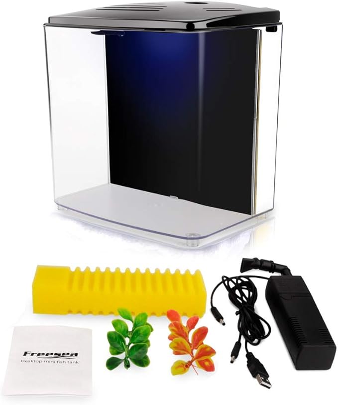 FREESEA 1.4 Gallon Betta Aquarium Starter Kits Square Fish Tank with LED Light and Filter Pump