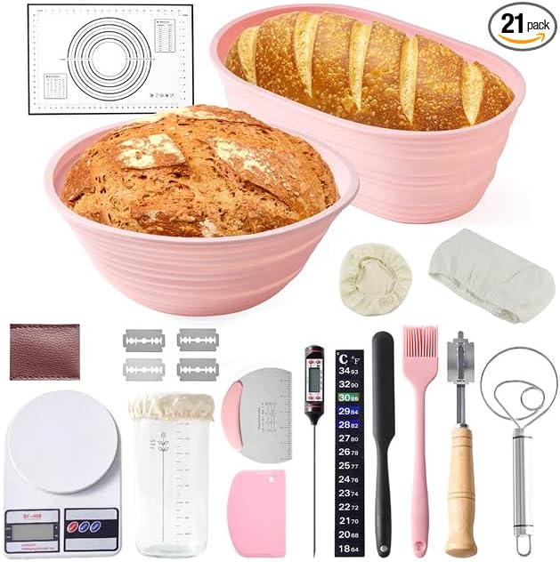 Pink Sourdough Starter Kit with Silicone Proofing Baskets, 36oz Starter Jar, Kitchen Scale, Thermometer, Danish Whisk, Baking Mat, Dough Scrapers, Banneton Bread Proofing Baskets – Bread Baking Set