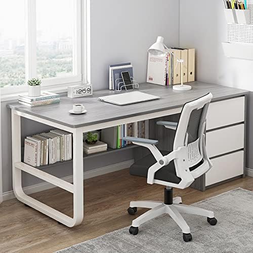 Modern Computer Desk with Storage Compartments & 3 Drawers - Stylish Home Office Furniture for Workspace, Study, and Gaming,Grey & White-47 in with Chair