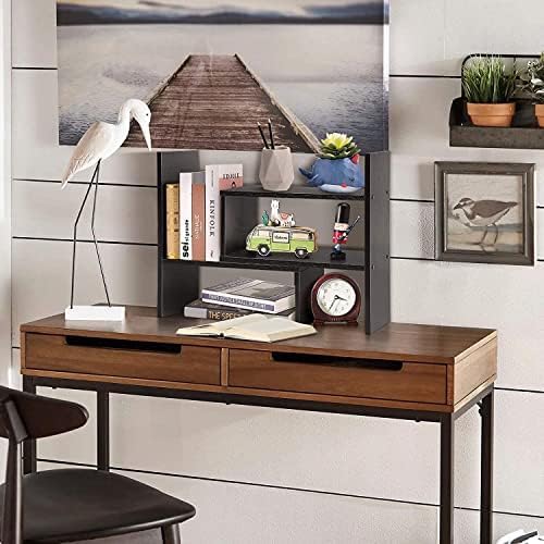 MMdipon Small Wood Adjustable Desktop Bookshelf, Expandable Storage Rack, Display Shelf, Office Supplies Organizer (Black)