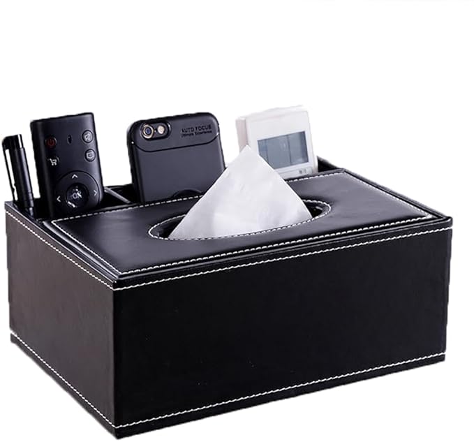 PU Leather Tissue Box Cover - Multifunctional Tissue Box Holder with Stationery Remote Control Box - Elegant and Stylish Home Napkin Holder Desktop Tissue Paper Holder Desk Storage Organizer (Black)