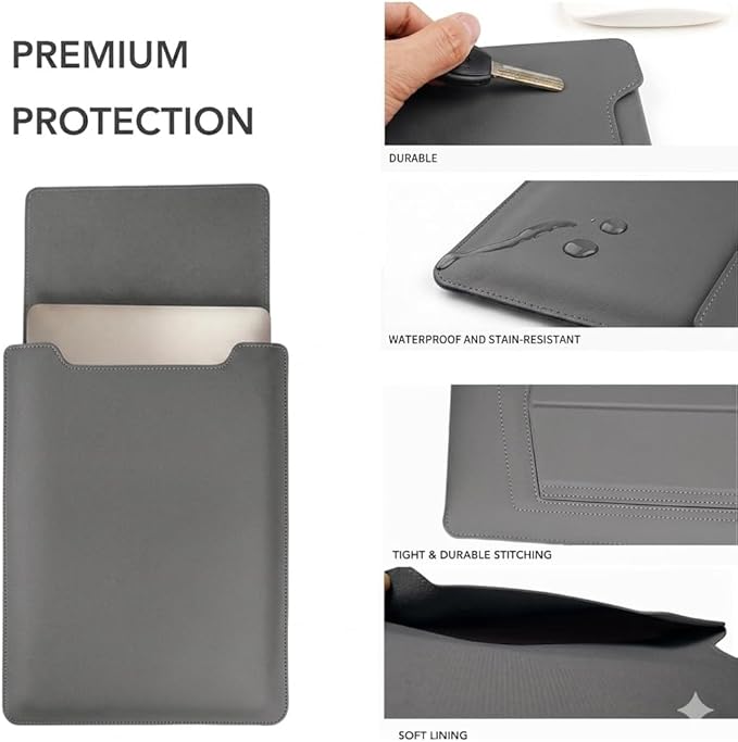 4-in-1 Laptop Sleeve with Stand and Mouse Pad, Faux Leather Protective Case with Accessory Pouch for 15-16 Inch Laptops, Grey