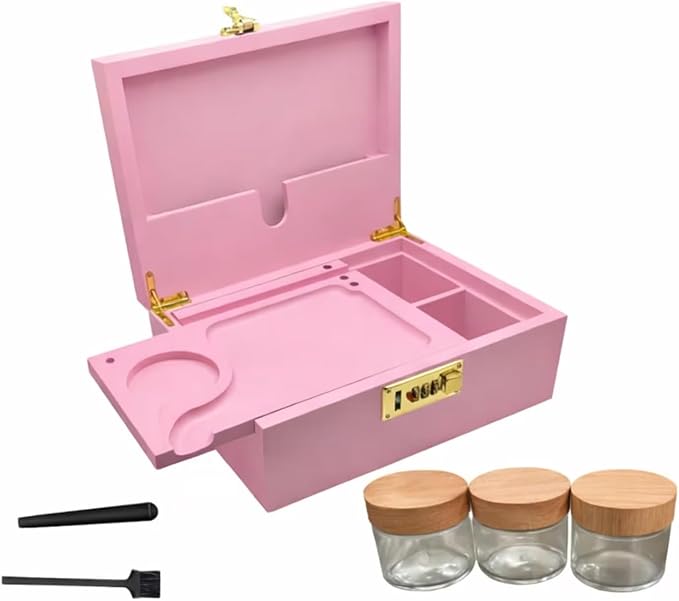 Smell Proof Stash Box with Lock & 5 Piece Accessory Kit – Pink Bamboo Organizer with Removable Tray – Large Odor Proof Storage Case for Home or Travel