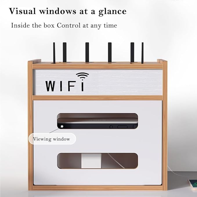 Wooden Router Shelf, Desktop WiFi Router Storage Box Modem Rack, Power Router Fences Standing Shelf Units, Cable Management Hider Box Organizer for Office and Home (Cherry Wood)