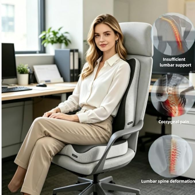 X Large Memory Foam Seat Cushion & Lumbar Support Pillow, Sciatica & Tailbone Pressure Relief Coccyx Cushion for Office Chair, Car, Wheelchair, Home - Dark Grey