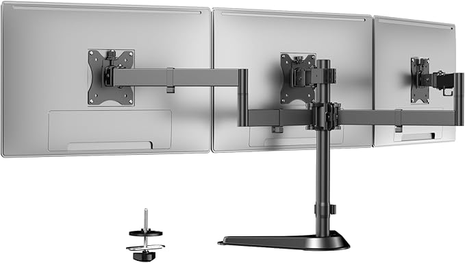 Triple Monitor Stand, Full Motion Adjustable Arm Fits 3 Screens up to 27 inch, Free Standing Desk Stand with Base and Cable Management, 22 lbs Weight Capacity per Arm, 75/100 mm VESA, Black
