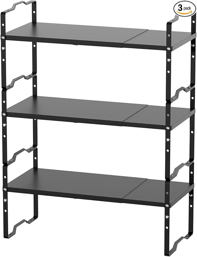 Jojocross Expandable Shelf for Cabinet Organizer Adjustable and Stackable Spice Rack at Kitchen and Bathroom More, Counter Countertop Cupboard Organization Pantry Storage(LARGE/3PACKS/BLACK)