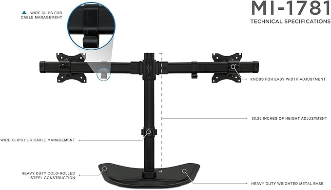 Mount-It! Free Standing Dual Monitor Stand | Double Monitor Desk Mount | Fits Two x 19 20 21 22 23 24 27 Inch Computer Screens | 2 Heavy Duty Height Adjustable Arms | VESA Compatible 75 100
